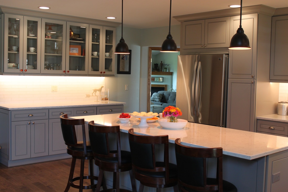 grey kitchen, transitional, glass cabinets, pendant lights, island, white counter, interior design, Chicago