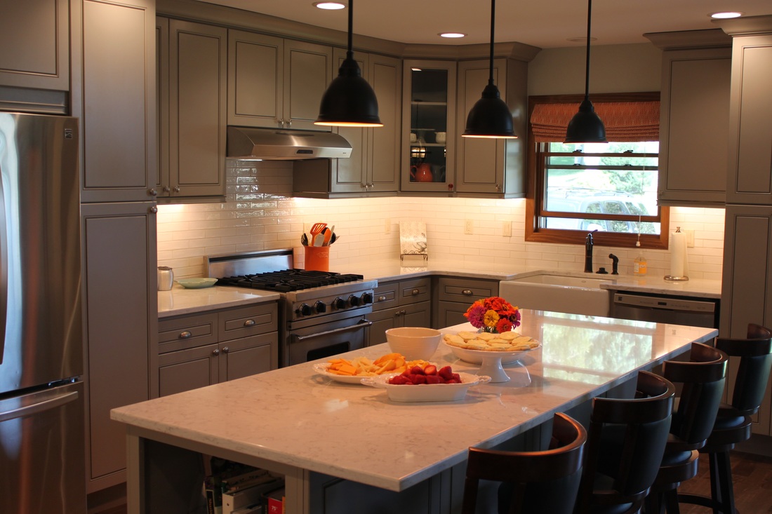 transitional, kitchen, grey cabinets, interior design, Chicago, pendant light, island light